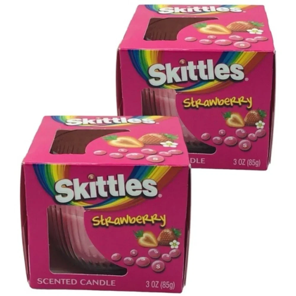 Skittles Candle Strawberry Scented in Glass Container 3 OZ each Pink 2 Piece Lot